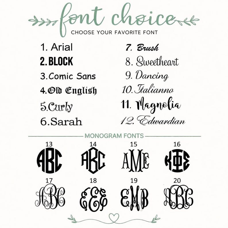 May include: A font selection chart featuring the text font choice and twelve numbered standard font styles including Arial, Block, and Old English, followed by eight numbered circular and decorative monogram font designs labeled as monogram fonts.