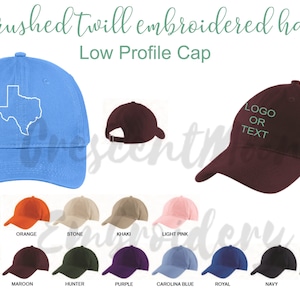 May include: A low profile, brushed twill embroidered hat in a variety of colors. The hat is shown with a white outline of the state of Texas and the text "LOGO OR TEXT".