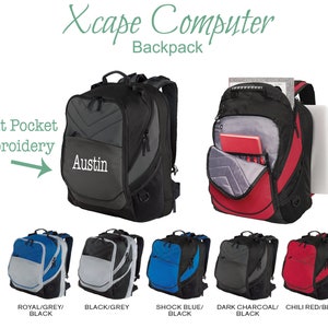 May include: A black Xcape Computer Backpack with a front pocket for embroidery. The backpack has a gray and black color scheme. The front pocket has the name "Austin" embroidered on it. The backpack is shown in five different color combinations: royal blue/gray/black, black/gray, shock blue/black, dark charcoal/black, and chili red/black.