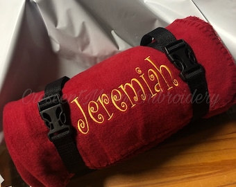 Embroidered Fleece Blanket, Personalized Name, Monogram with Strap