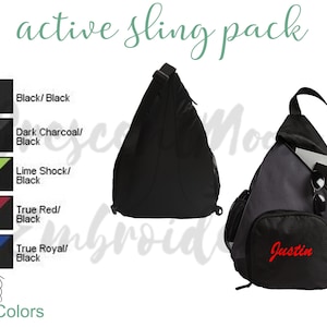 May include: A black sling pack with a zippered pocket and a front pocket that says "Justin" in red. The bag is shown in different color options: black, dark charcoal, lime shock, true red, and true royal.