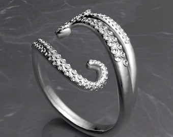 Anillo de tentáculos de oro blanco, pulpo o calamar, joyería fina