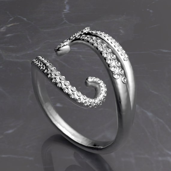 White Gold Tentacle Ring, Octopus or Squid, Fine Jewelry