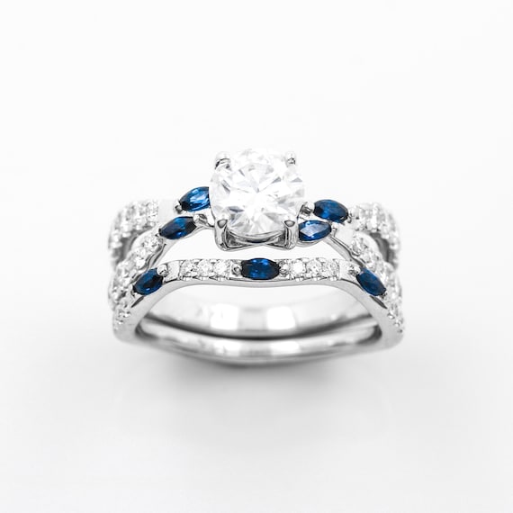 Floating Engagement Ring 1k Ring, With real Blue Sapphires and diamond chips