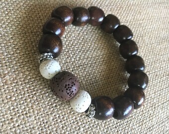 Essential oil diffuser bracelet // Aromatherapy // Lava stone // Dark wooden beads