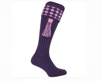 Purple Harlequin Style Shooting Socks with Garters