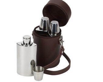 Brown Leather Travel Bar For Whisky (3 In 1 Flask) | Shooter | Hunting | Shooting | Gift | Christmas Present | Whisky | Brandy | Gin