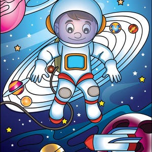 May include: A cartoon illustration of an astronaut floating in space. The astronaut is wearing a white spacesuit with red and blue accents, a blue helmet, and orange ear pieces. The background features planets, stars, and a rocket ship.
