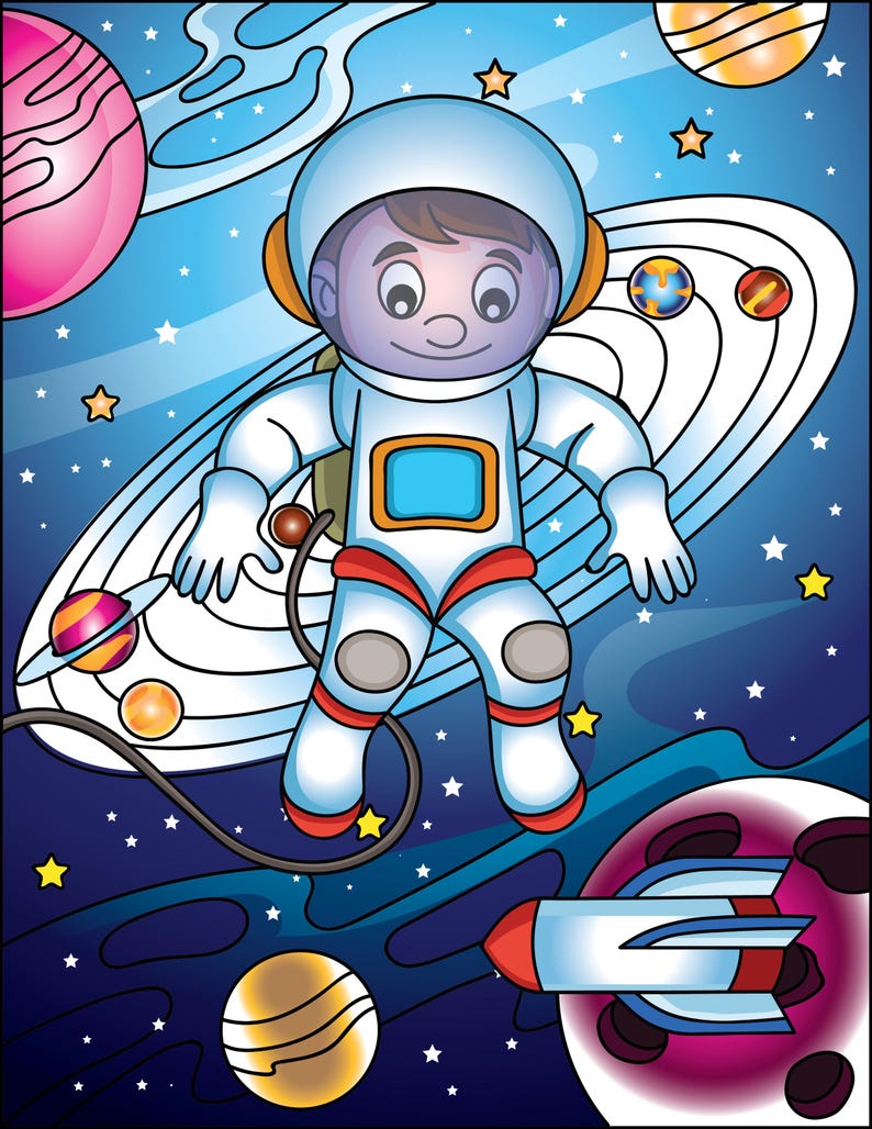 May include: A cartoon illustration of an astronaut floating in space. The astronaut is wearing a white spacesuit with red and blue accents, a blue helmet, and orange ear pieces. The background features planets, stars, and a rocket ship.