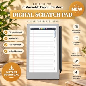 May include: A digital scratch pad designed for reMarkable Paper Pro Move, featuring a grey tablet with a black stylus. The screen displays lined paper with a top navigation bar. Text includes 750 pages, 5 paper colours, and instant download.