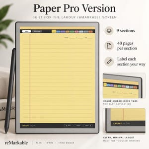 May include: A digital tablet with a stylus, displaying a yellow lined notebook template titled Paper Pro Version. The interface features nine color-coded index tabs, a date field, and navigation buttons. Text includes 9 sections, 40 pages per section.