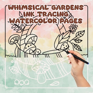 Mindfulness Ink Tracing Whimsical Garden Coloring Pages | 10 Fun Garden Landscapes Trace on Watercolors | Instant Digital PDF Print Download