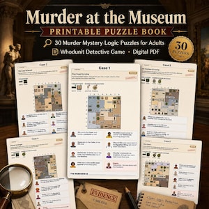 Pode incluir: Um livro de quebra-cabeças imprimível intitulado Murder at the Museum com 30 enigmas de lógica de mistério de assassinato. As páginas PDF digitais exibem plantas, ícones de personagens e pistas para os casos 1 a 5, com uma lupa e uma etiqueta.