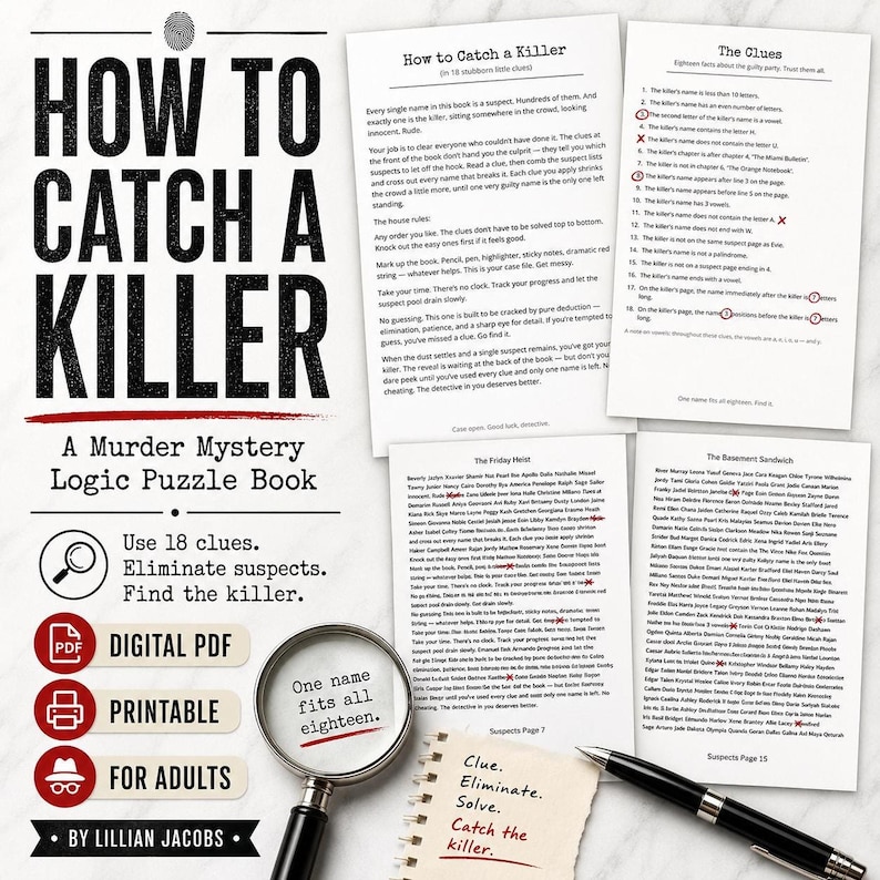 A flat lay of a murder mystery game with a magnifying glass over a clue, showing pages titled "How to Catch a Killer," "The Clues," "The Basement Sandwich," and "The Everyday Heist."