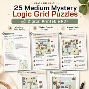 May include: A digital printable PDF containing 25 medium mystery logic grid puzzles. The document features a worked example, multiple puzzle pages labeled A through E, and answer pages. Each page includes grid layouts, clues, and illustrations.