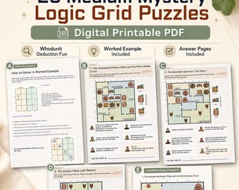 Mystery Grid Logic Puzzle Book, 25 Medium Whodunit Cases, Printable Digital PDF
