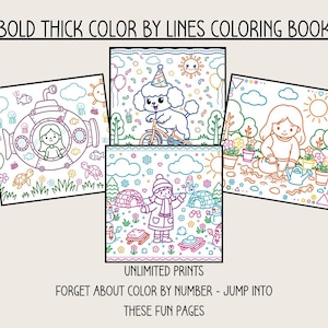 May include: A set of colouring book pages with thick outlines, depicting scenes such as a submarine, a dog on a bicycle, and a girl gardening. The text says "BOLD THICK COLOR BY LINES COLORING BOOK" and "UNLIMITED PRINTS". Designed for colouring.