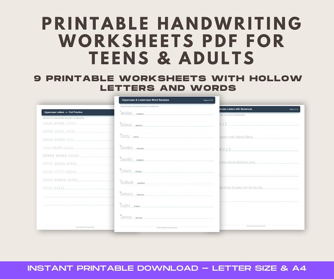 Printable Handwriting Worksheets PDF for Teens Adults, Letter Tracing