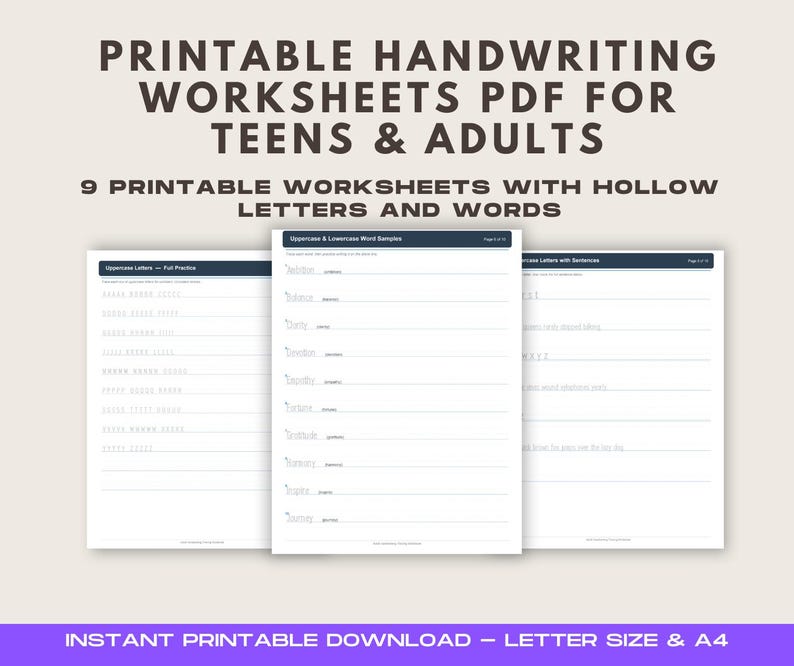 Printable Handwriting Worksheets PDF for Teens Adults, Letter Tracing
