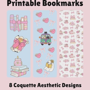Coquette afdrukbare bladwijzers | Set van 8 schattige roze en blauwe tinten | Digitale download | Cadeau boekenliefhebbers | Speels thema | Roze strik meisjestijdperk
