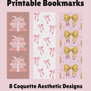 Set van 8 Coquette-afdrukbare bladwijzers | Schattige pastelkleur | Digitale download | Cadeaus voor boekenliefhebbers | Romantische bladwijzers | Soft Girl-tijdperk | Roze strikken