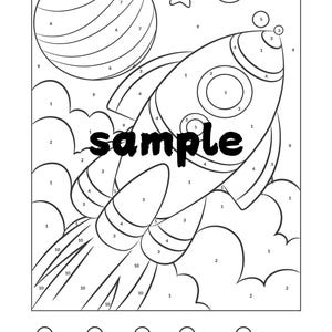 May include: Black and white line art of a rocket ship, planet, star, and clouds, designed as a color-by-number activity. The word "sample" is printed across the center. Includes a color key with ten color options.