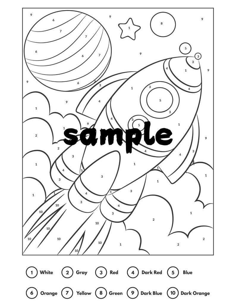 May include: Black and white line art of a rocket ship, planet, star, and clouds, designed as a color-by-number activity. The word "sample" is printed across the center. Includes a color key with ten color options.