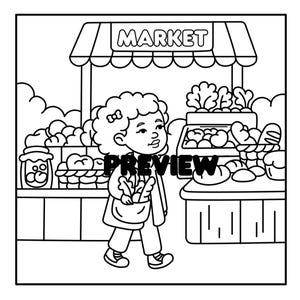 May include: Black and white illustration of a market scene. A person with curly hair is walking with a bag of groceries. The market stall has produce and baked goods. The word "MARKET" is above the stall.