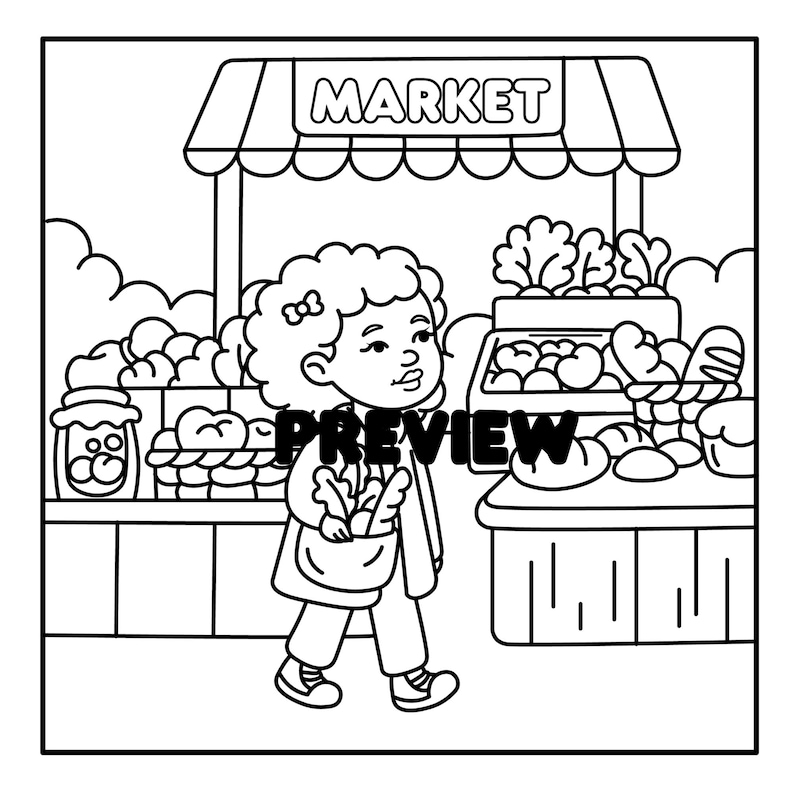 May include: Black and white illustration of a market scene. A person with curly hair is walking with a bag of groceries. The market stall has produce and baked goods. The word "MARKET" is above the stall.