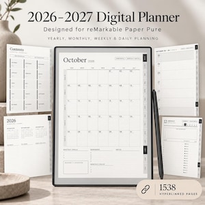 May include: A 2026-2027 digital planner for reMarkable Paper Pure featuring yearly, monthly, weekly, and daily planning layouts. The display shows an October 2026 calendar page with a black stylus resting beside the tablet screen.