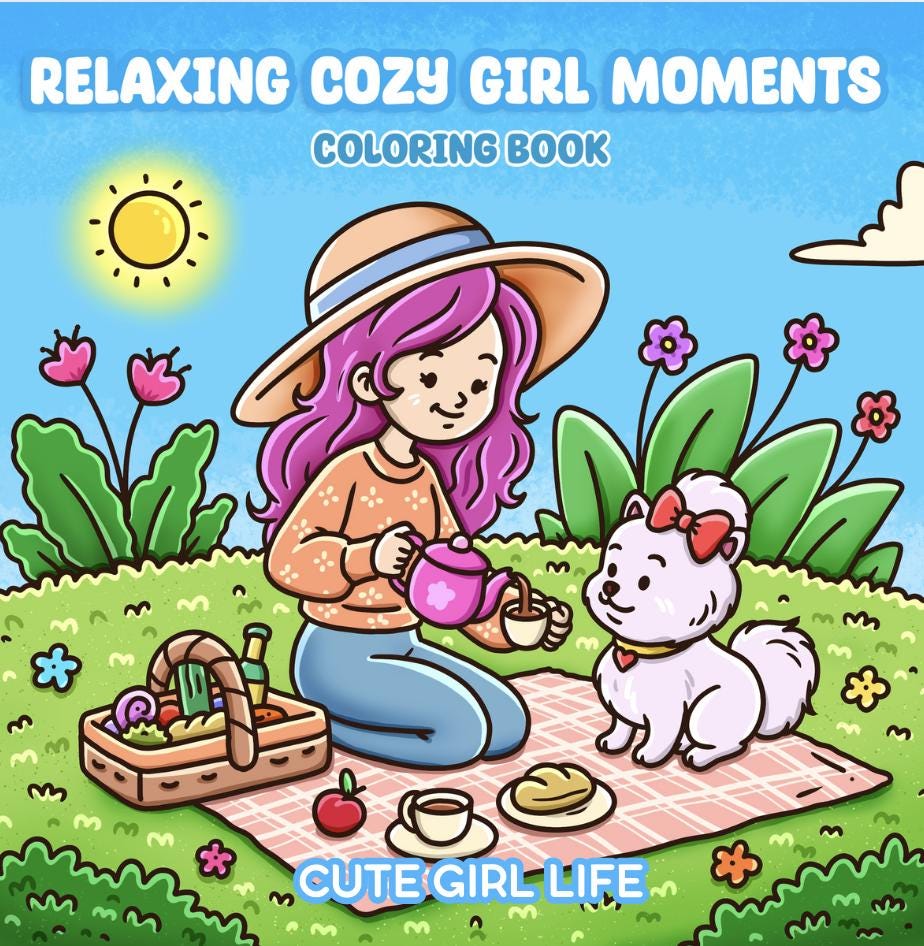 Libro de colorear Momentos acogedores de chica y mascota | 40 páginas sencillas antiestrés | PDF imprimible dibujado a mano para adultos y adolescentes