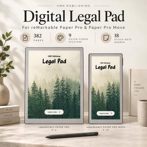 May include: A digital legal pad for reMarkable Paper Pro and Paper Pro Move featuring 382 pages, 9 color-coded sections, and 18 sticky note boards. The screen displays a forest landscape with the text Legal Pad and an Open Index button.