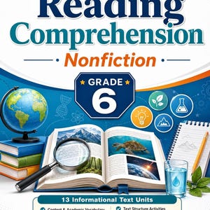 6th Grade ELA Reading Comprehension Worksheets, Nonfiction Printable Workbook, Informational Text, Homeschool PDF