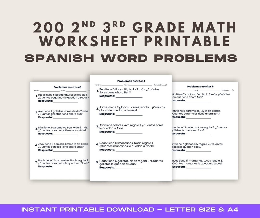 Math Problems In Spanish 2nd 3rd Grade Math Word Problems in Spanish | 200 Addition Subtraction ...