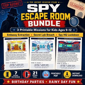Pakiet Spy Escape Room dla dzieci, 3 misje do wydrukowania, wiek 9-12 lat