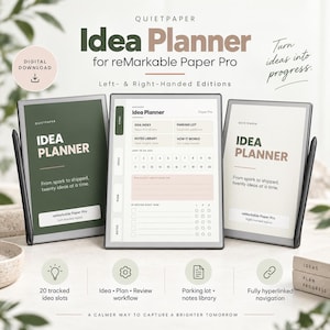 May include: A digital Idea Planner for reMarkable Paper Pro featuring three tablet displays showing planner layouts, navigation tabs, and text including Idea Planner, From spark to shipped, twenty ideas at a time, and 20 tracked idea slots.