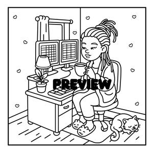 May include: Black and white illustration of a person at a desk with two computer monitors, a lamp, and a potted plant. The person is holding a mug and wearing slippers. A cat is sleeping on the floor. The word "PREVIEW" is across the image.
