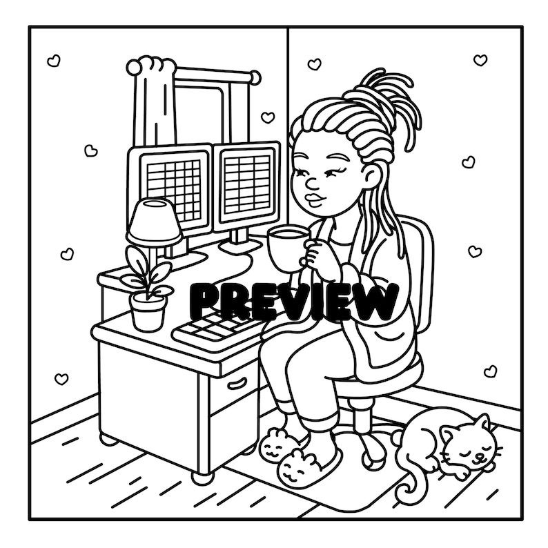 May include: Black and white illustration of a person at a desk with two computer monitors, a lamp, and a potted plant. The person is holding a mug and wearing slippers. A cat is sleeping on the floor. The word "PREVIEW" is across the image.