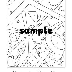 May include: Black and white color-by-number activity sheet with the word "sample" in the center. The sheet features a cartoon design with numbered sections and a color key at the bottom, including dark blue, gray, and yellow.