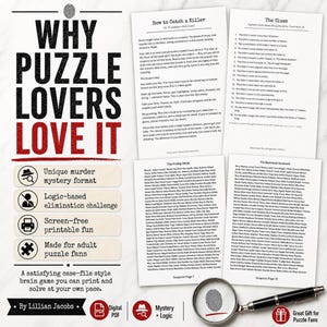 A flat lay of game instructions titled "Why Puzzle Lovers Love It," highlighting features like "Unique murder mystery format" and "Logic-based elimination challenge."