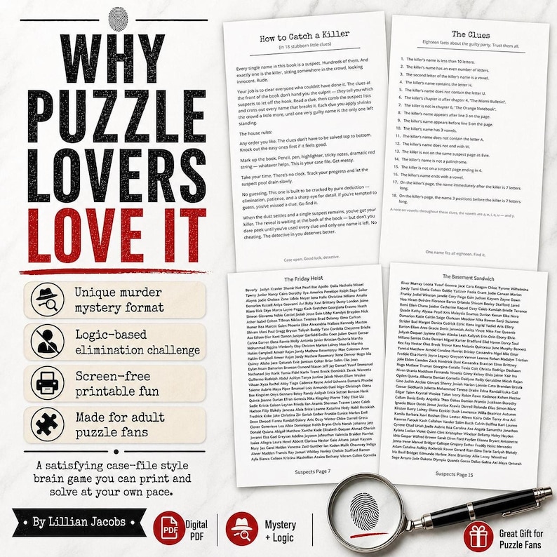 A flat lay of game instructions titled "Why Puzzle Lovers Love It," highlighting features like "Unique murder mystery format" and "Logic-based elimination challenge."