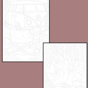 Two outline drawings: the top one shows a vintage van in a jungle setting, and the bottom one shows a tree with hanging vines and foliage.