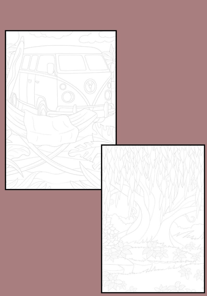 Two outline drawings: the top one shows a vintage van in a jungle setting, and the bottom one shows a tree with hanging vines and foliage.