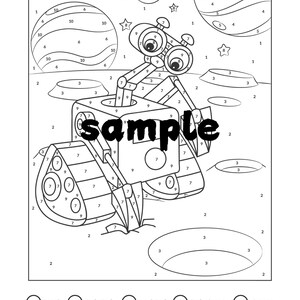 May include: Black and white line art of a robot on a planet, with planets, stars, and craters in the background. The word "sample" is printed across the robot's body. A color-by-number key is at the bottom, with colors like purple, light red, and green.
