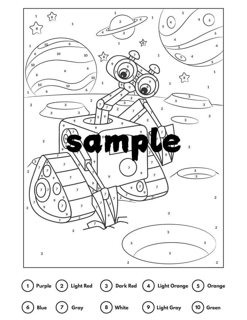 May include: Black and white line art of a robot on a planet, with planets, stars, and craters in the background. The word "sample" is printed across the robot's body. A color-by-number key is at the bottom, with colors like purple, light red, and green.