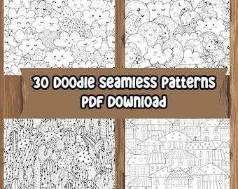 Doodles Pattern Coloring Book | 30 Seamless Pages For Adults Teens | Digital Printable PDF
