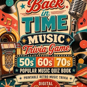 Pu&ograve; includere: Grafica digitale a tema retr&ograve; con il testo "Back in Time Music Trivia Game". Il design presenta un jukebox, un microfono, dischi in vinile e i decenni degli anni '50, '60 e '70. Include anche "Download Digitale per Adulti".