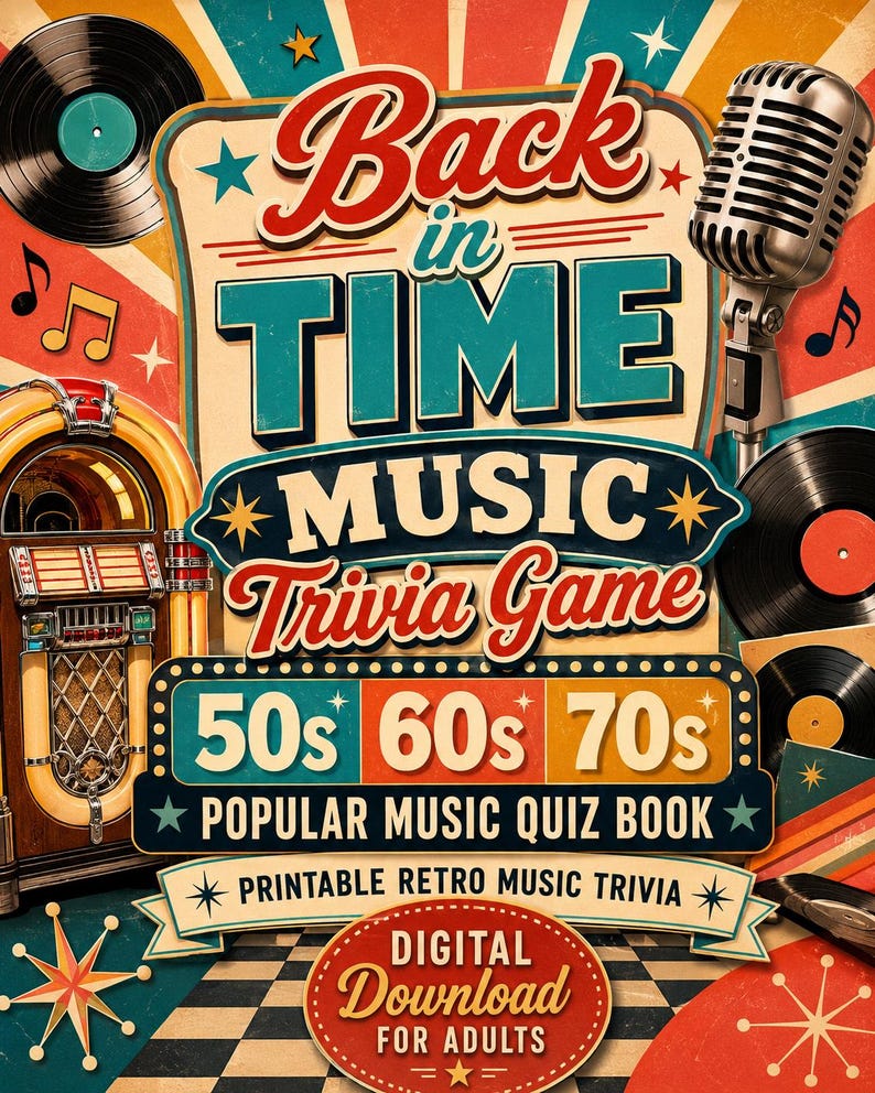 Pu&ograve; includere: Grafica digitale a tema retr&ograve; con il testo "Back in Time Music Trivia Game". Il design presenta un jukebox, un microfono, dischi in vinile e i decenni degli anni '50, '60 e '70. Include anche "Download Digitale per Adulti".