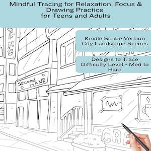 May include: Black and white line drawing of a city scene with buildings, storefronts, and the text "City Scapes Tracing". The image includes text that reads "Mindful Tracing for Relaxation, Focus & Drawing Practice for Teens and Adults".