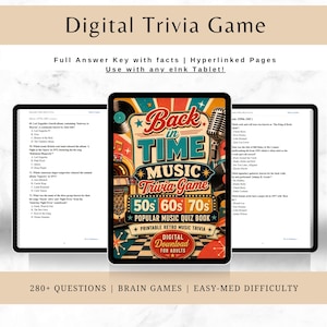 Pu&ograve; includere: Gioco di trivia digitale su tablet, con design retr&ograve;. Il gioco si intitola "Back in Time Music Trivia Game" e riguarda gli anni '50, '60 e '70. &Egrave; un quiz di musica retr&ograve; stampabile e un download digitale per adulti.
